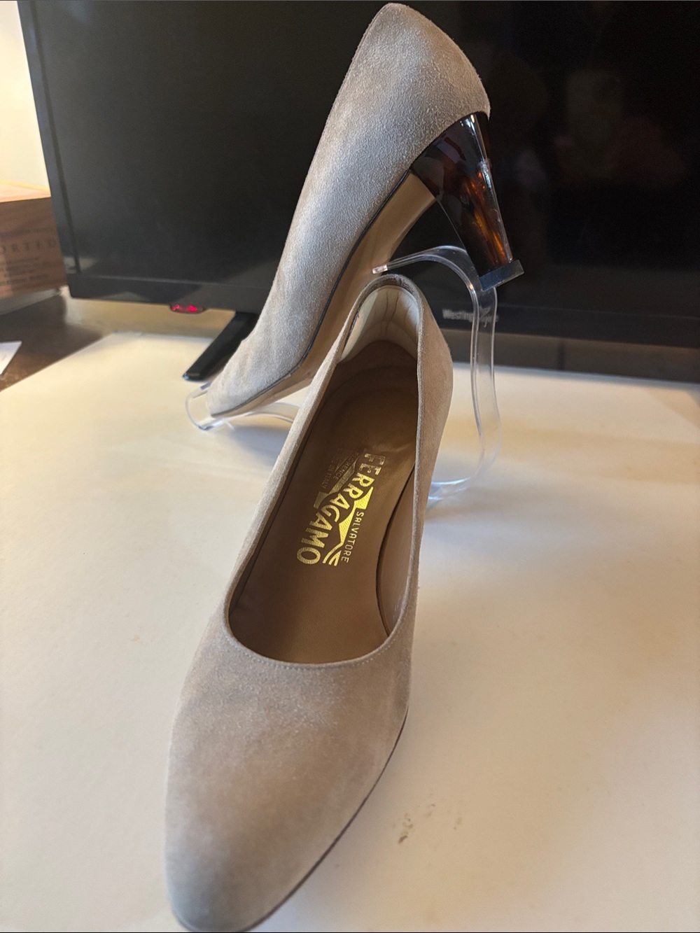 Salvatore Ferragamo Taupe Suede Pointed Toe Mid-Heel Pumps